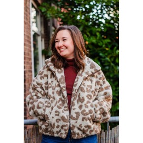veste zippée en sherpa léopard écru et taupe
