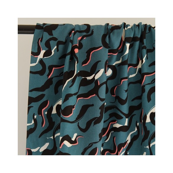 tissu satin de coton vagues pétroles - un chat sur un fil