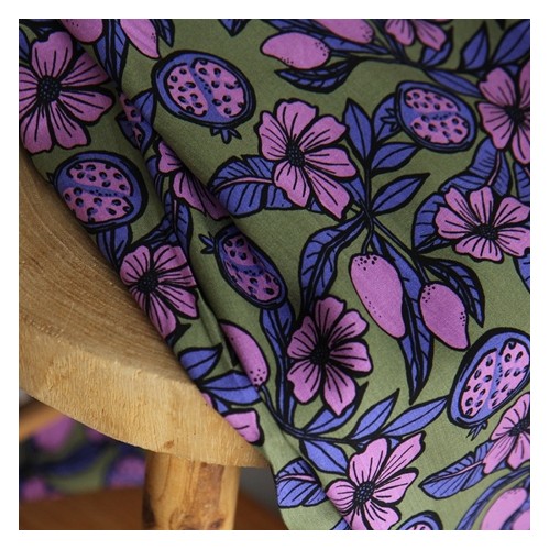 viscose imprimée vert et violet - un chat sur un fil