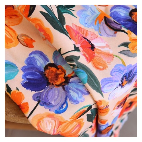 viscose imprimée fleurs orange et bleu - un chat sur un fil