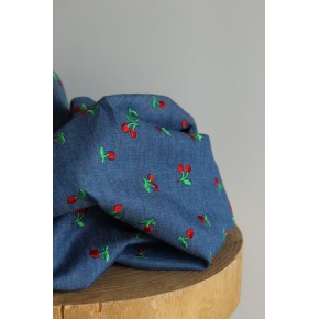 denim fin brodé cerises - bleu