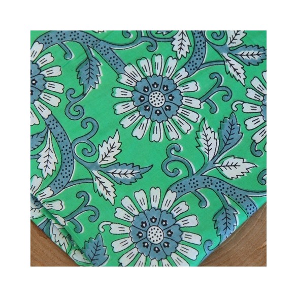 tissu fleurs indien vert et bleu - block print