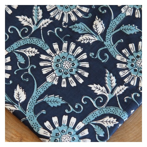 tissu indien grandes fleurs marine et bleu