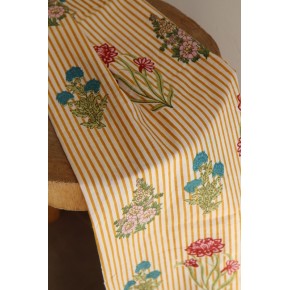 tissu indien - rayures jaune ocre et motif fleurs block print