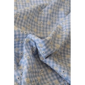 tissu seersucker brodé à carreaux - bleu et blanc