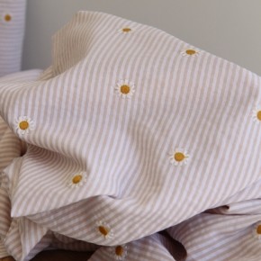 coton brodé - tissu seersucker rayé beige et blanc