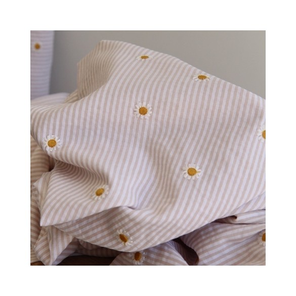coton brodé - tissu seersucker rayé beige et blanc