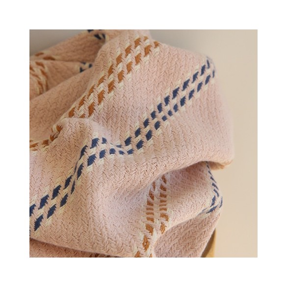 Twill épais rose rayures bleu et caramel - tissu upcyclé