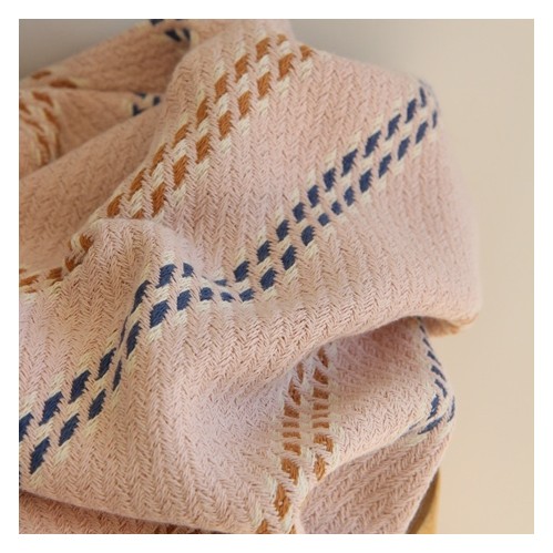 Twill épais rose rayures bleu et caramel - tissu upcyclé