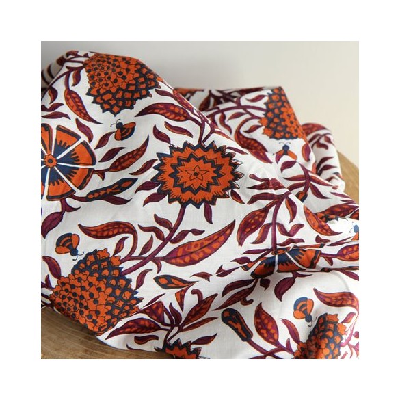 tissu coton imprimé fleurs - blanc et cognac