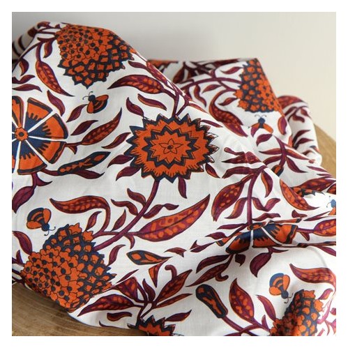 tissu coton imprimé fleurs - blanc et cognac