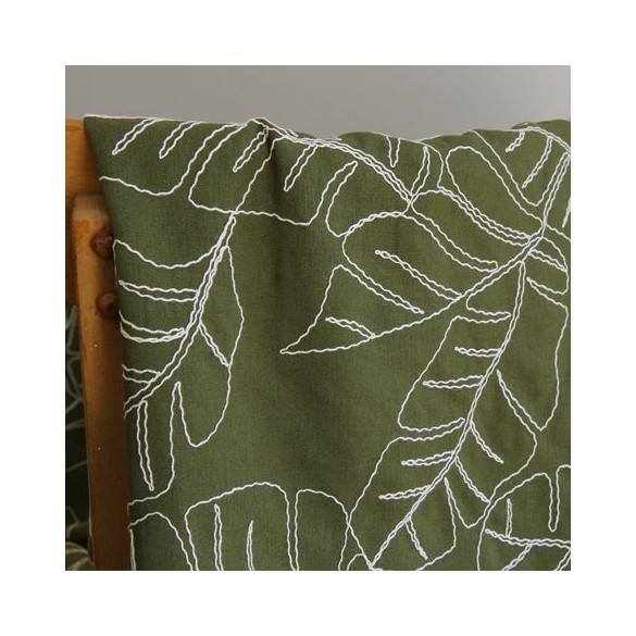 tissu lin et viscose avec broderies fleurs - kaki et écru