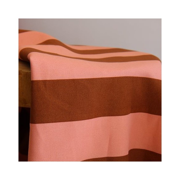 TISSU COTON RAYURES - caramel et rose