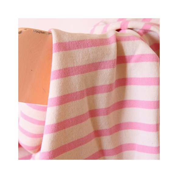 tissu jersey marinière épais - rose et écru