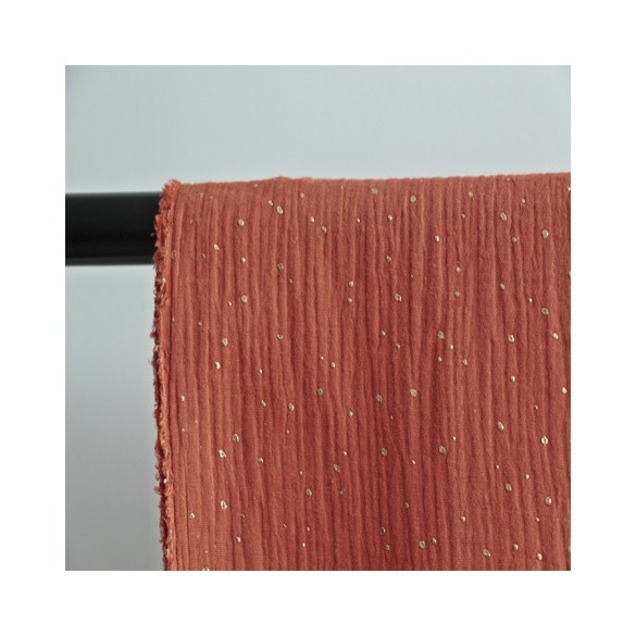 tissu double gaze brique pois dorés