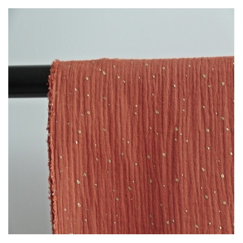 tissu double gaze brique pois dorés