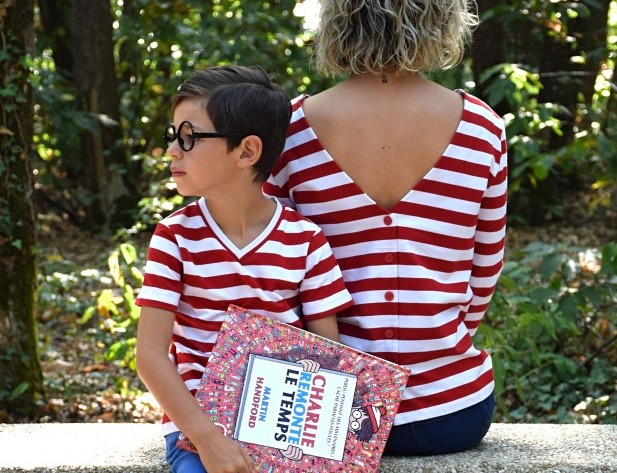 Duo mère/fils avec le molleton fin marinière blanc et rouge